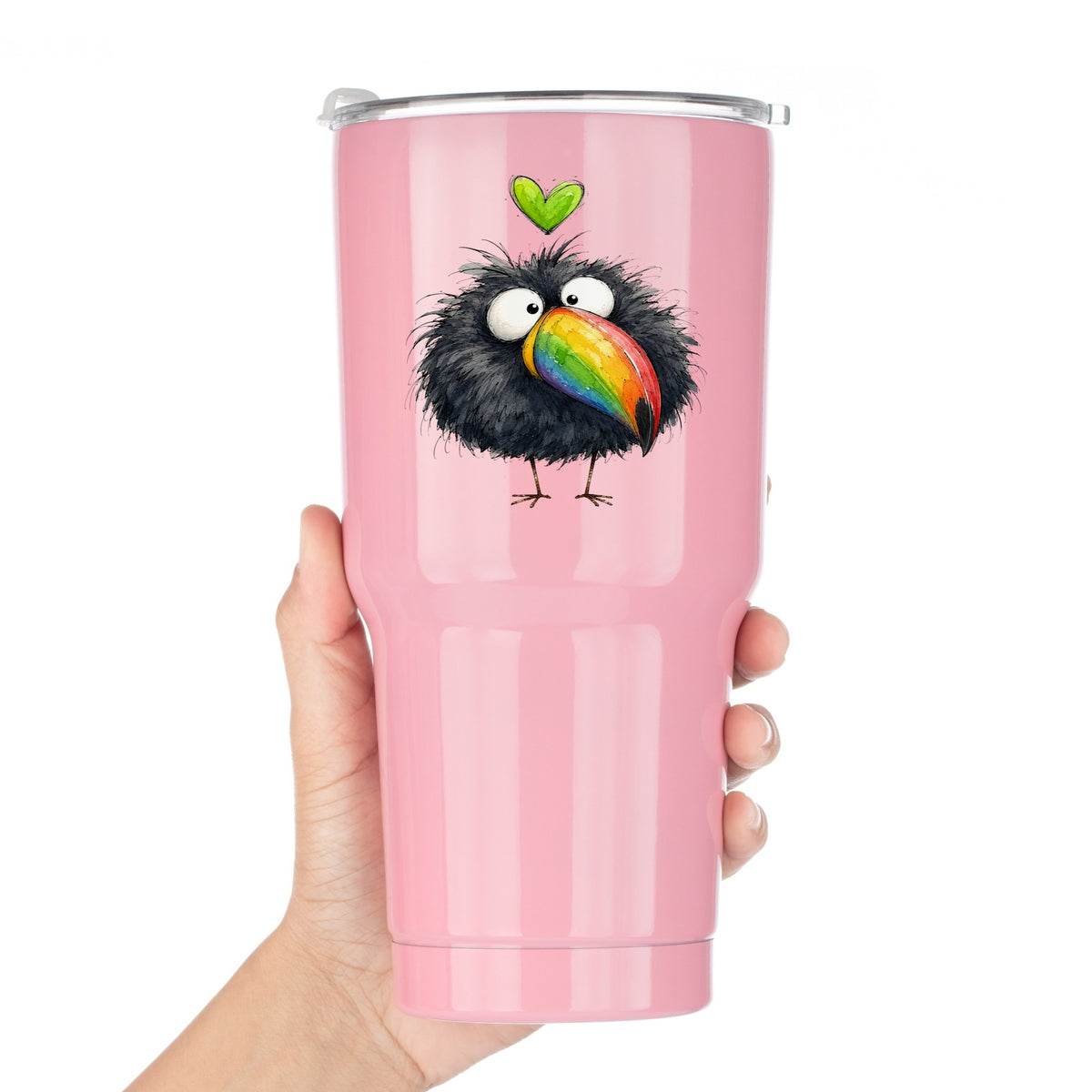 Funny Toucan Rainbow Beak UV DTF sticker applied to a pink tumbler held against a white background