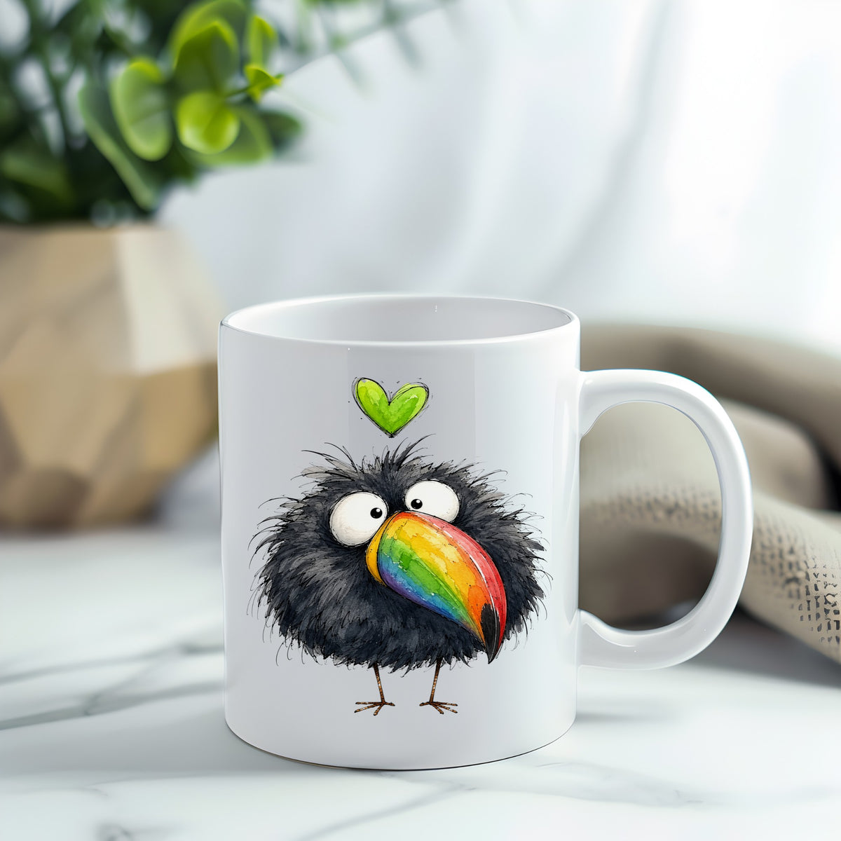 Funny Toucan Rainbow Beak UV DTF sticker applied to a white coffee mug