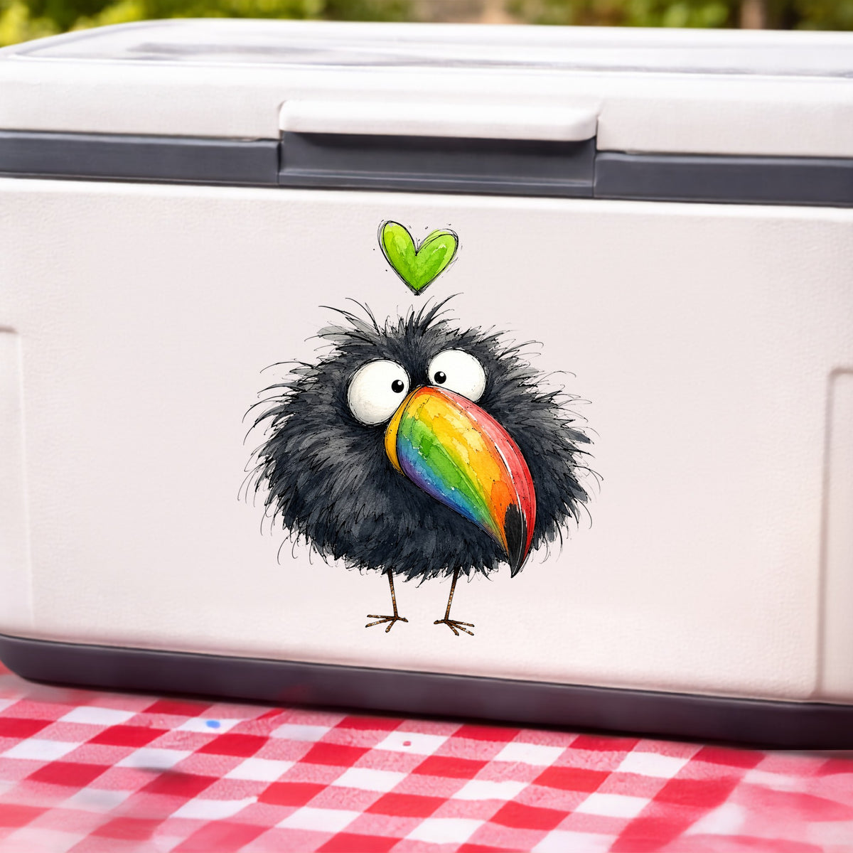 Funny Toucan Rainbow Beak UV DTF sticker applied to a white cooler on a red gingham cloth