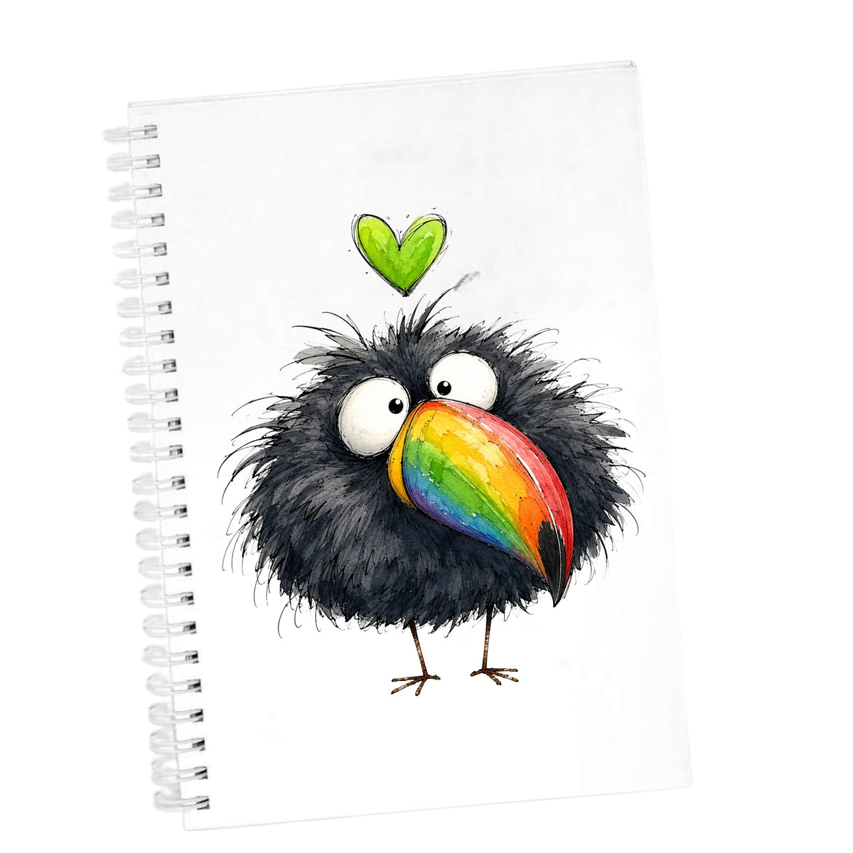Funny Toucan Rainbow Beak UV DTF sticker applied to the cover of a white spiral journal