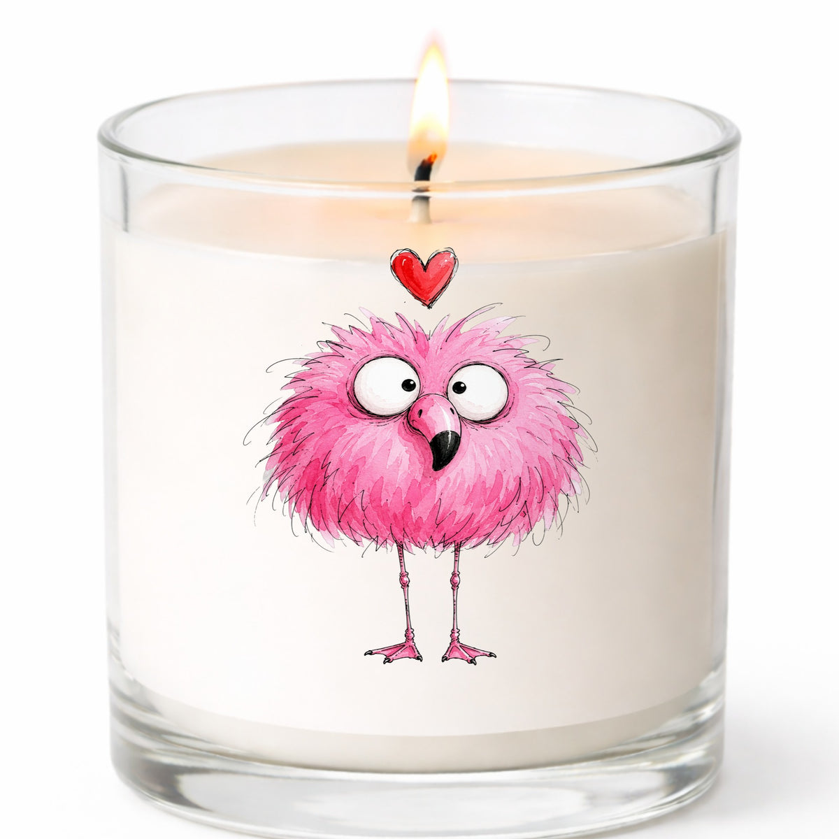 Fluffy Pink Flamingo UV DTF sticker applied to a white candle in a clear glass jar