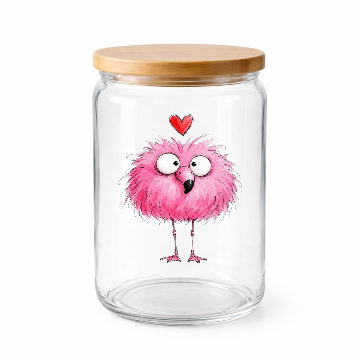 Fluffy Pink Flamingo UV DTF sticker applied to a clear glass jar with a wooden lid