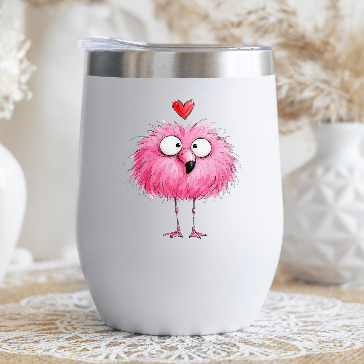 Fluffy Pink Flamingo UV DTF sticker applied to a white stemless tumbler with a lid