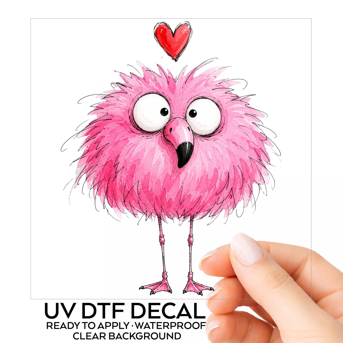 Fluffy Pink Flamingo UV DTF sticker on its backing card, held in hand
