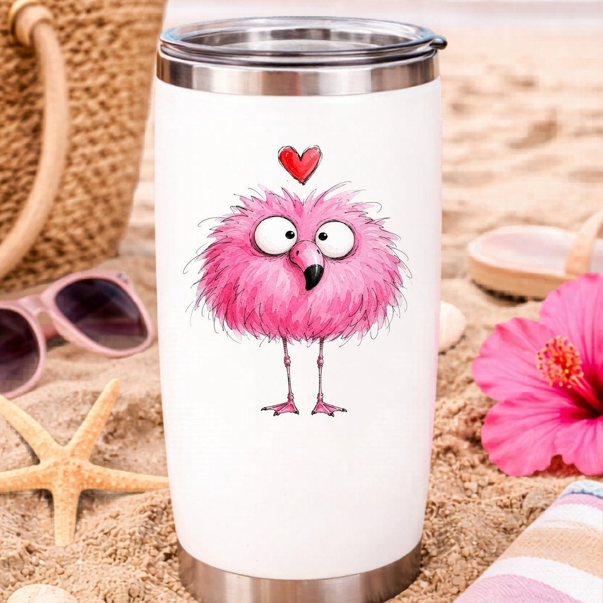 Fluffy Pink Flamingo UV DTF sticker applied to a white travel tumbler on beach sand