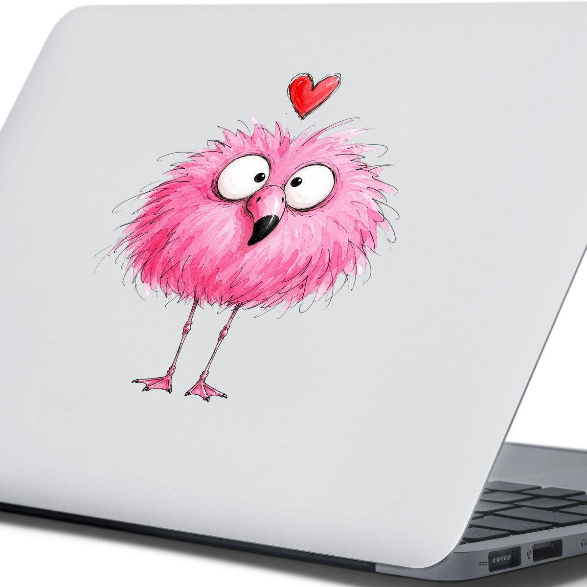 Fluffy Pink Flamingo UV DTF sticker applied to the lid of a silver laptop