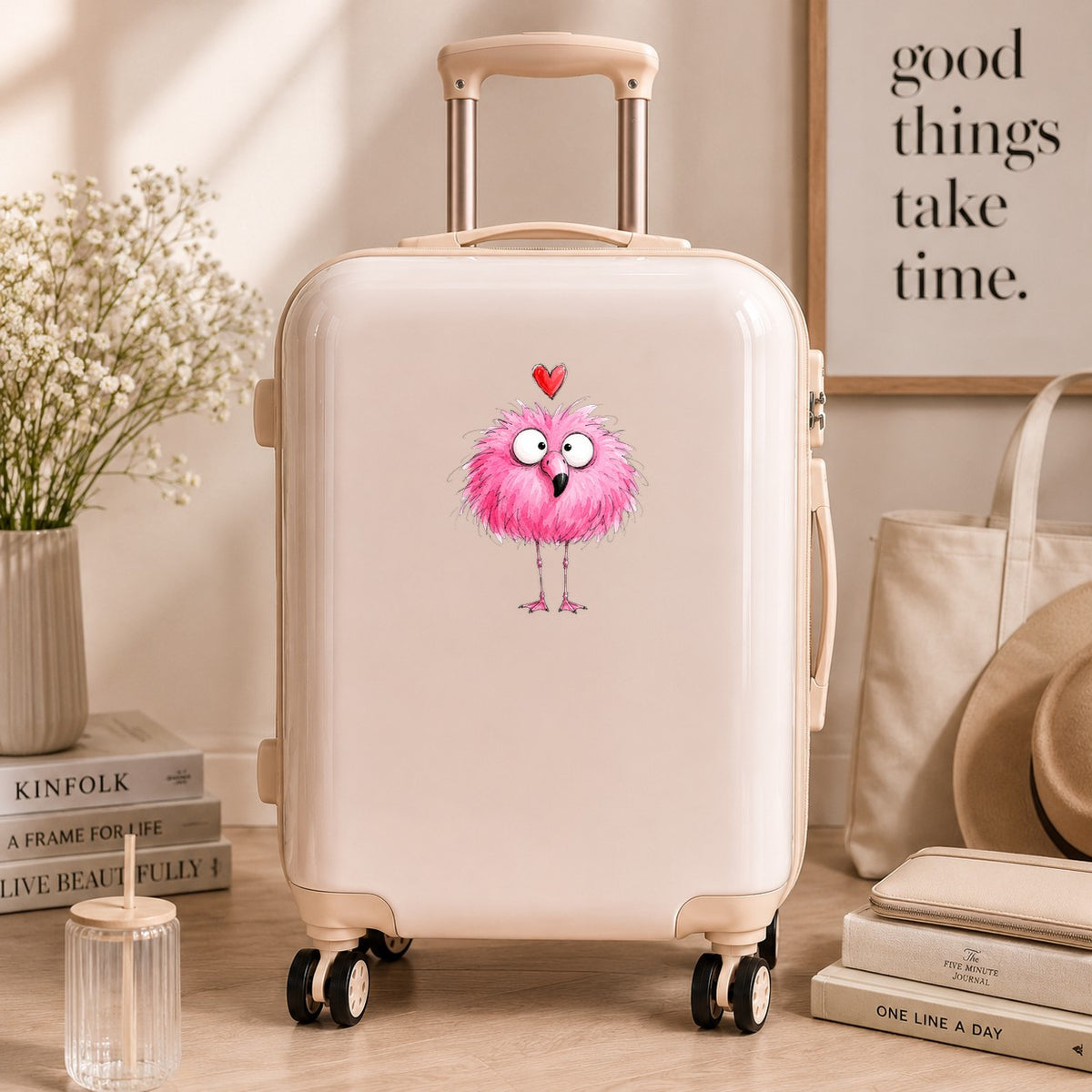 Fluffy Pink Flamingo UV DTF sticker applied to a cream carry-on suitcase
