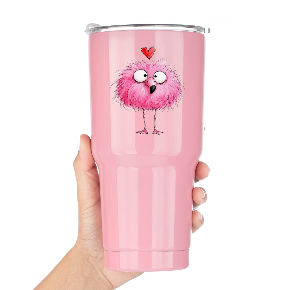 Fluffy Pink Flamingo UV DTF sticker applied to a pink tumbler held against a white background