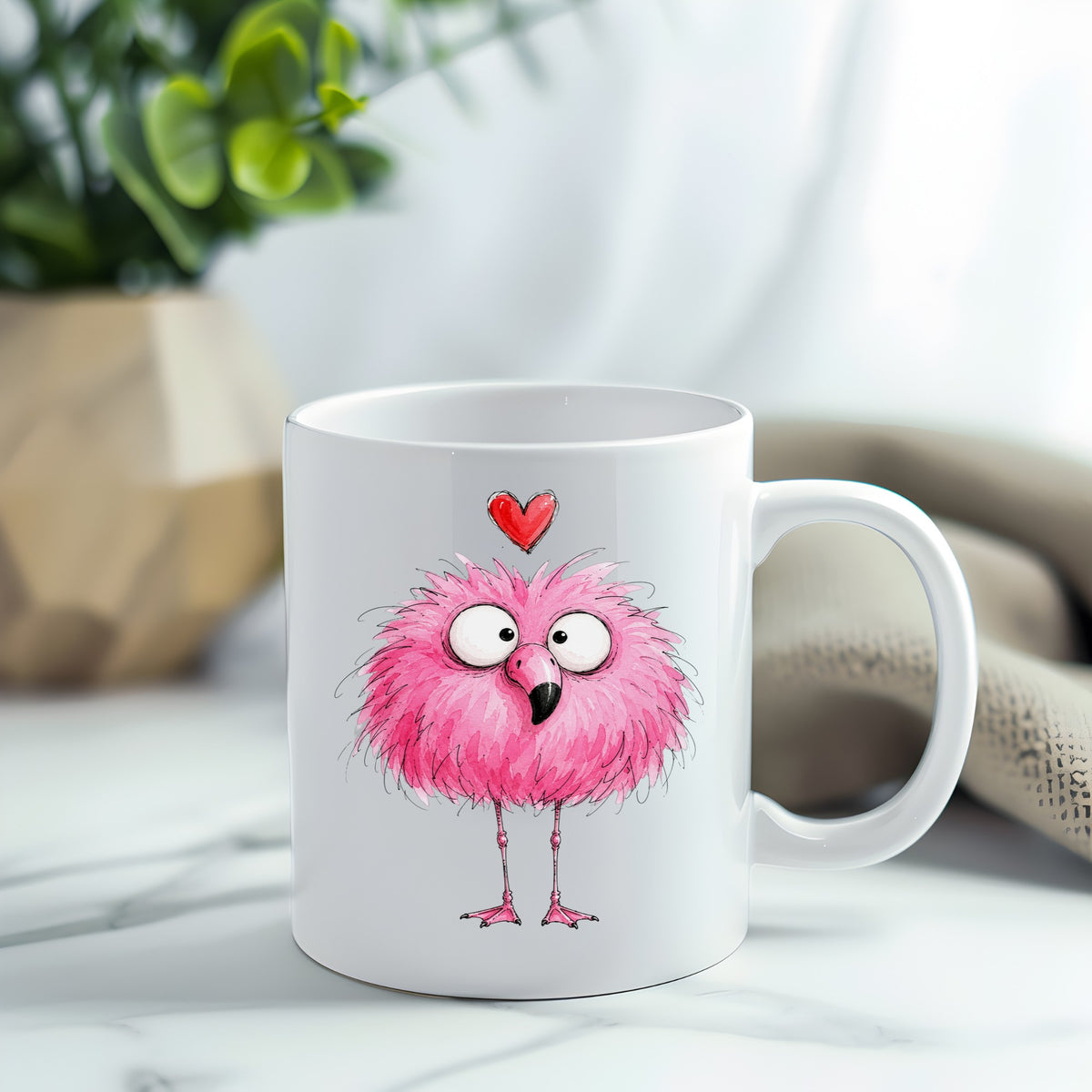 Fluffy Pink Flamingo UV DTF sticker applied to a white coffee mug