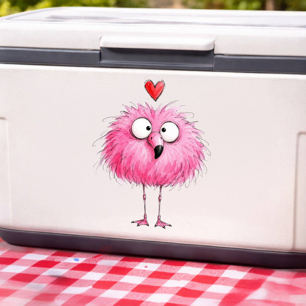 Fluffy Pink Flamingo UV DTF sticker applied to a white cooler on a red gingham cloth