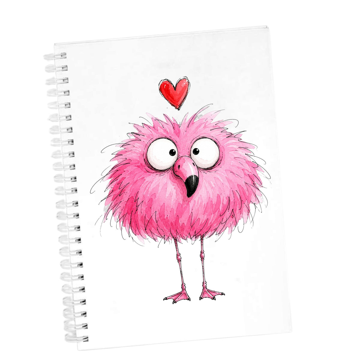 Fluffy Pink Flamingo UV DTF sticker applied to the cover of a white spiral journal