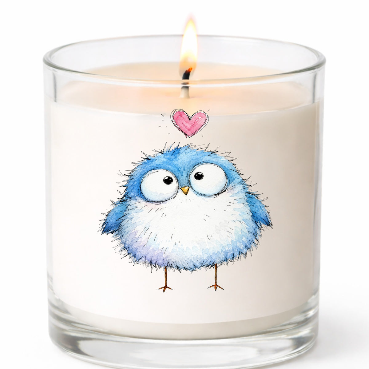 Fluffy Bluebird UV DTF sticker applied to a white candle in a clear glass jar