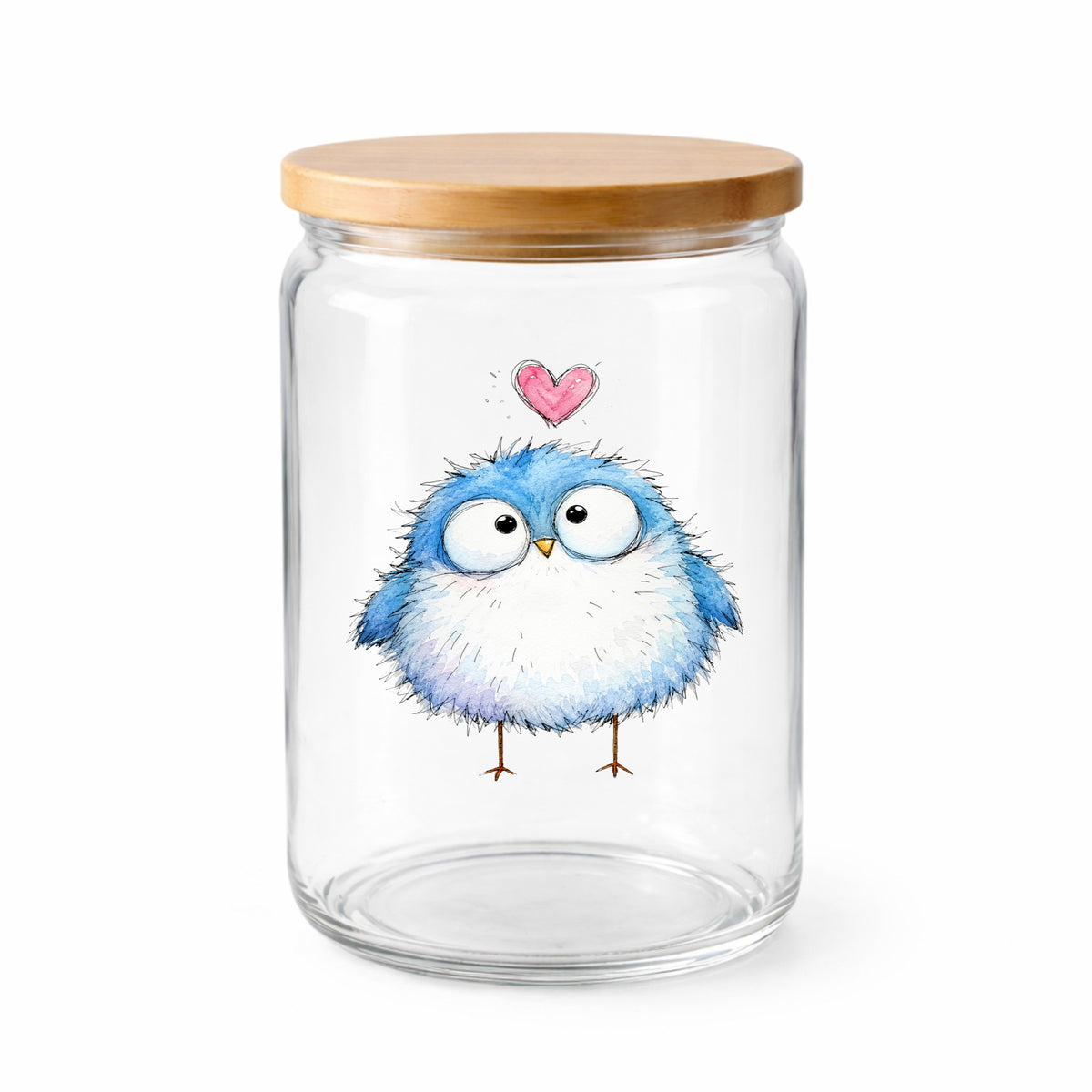 Fluffy Bluebird UV DTF sticker applied to a clear glass jar with a wooden lid