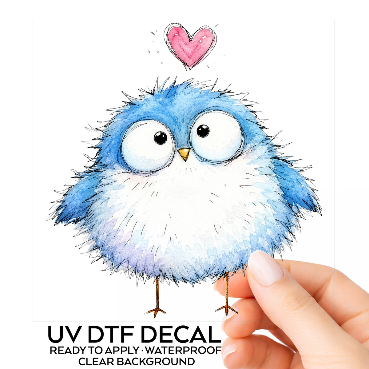 Fluffy Bluebird UV DTF sticker on its backing card, held in hand