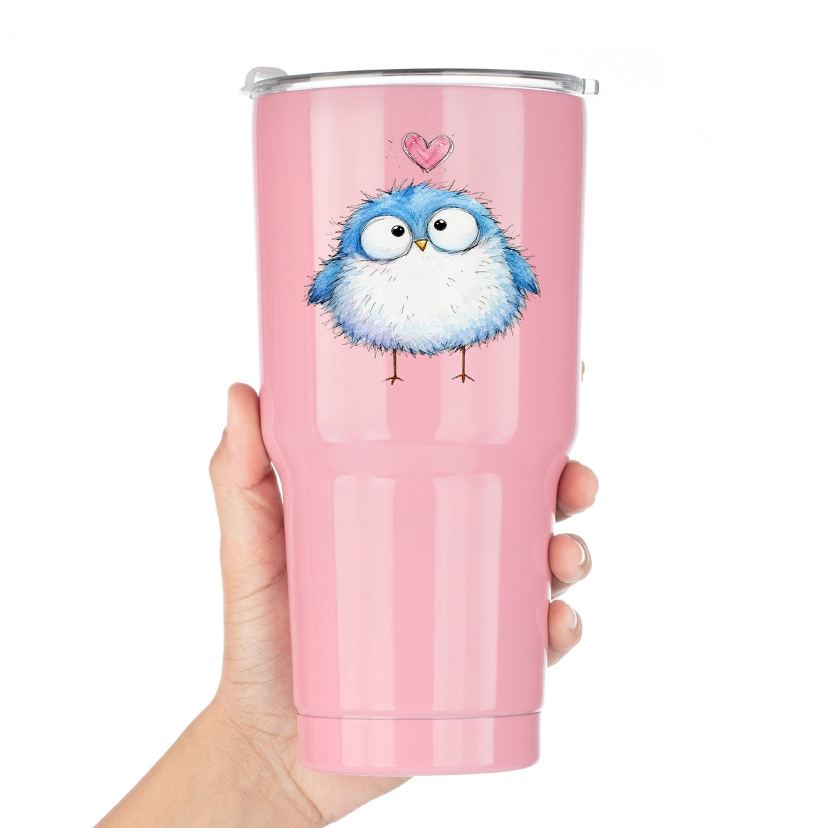 Fluffy Bluebird UV DTF sticker applied to a pink tumbler held against a white background