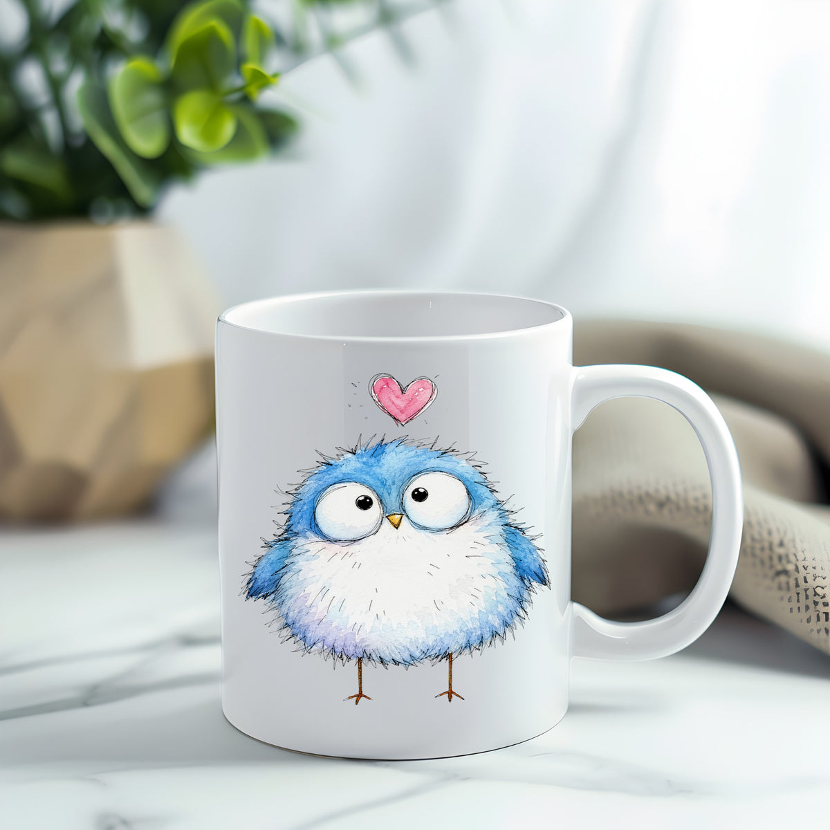 Fluffy Bluebird UV DTF sticker applied to a white coffee mug