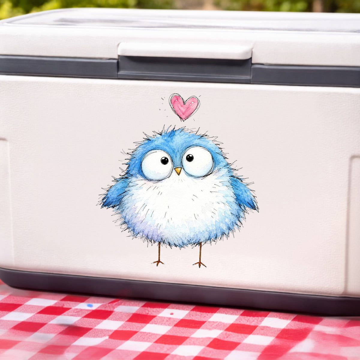 Fluffy Bluebird UV DTF sticker applied to a white cooler on a red gingham cloth