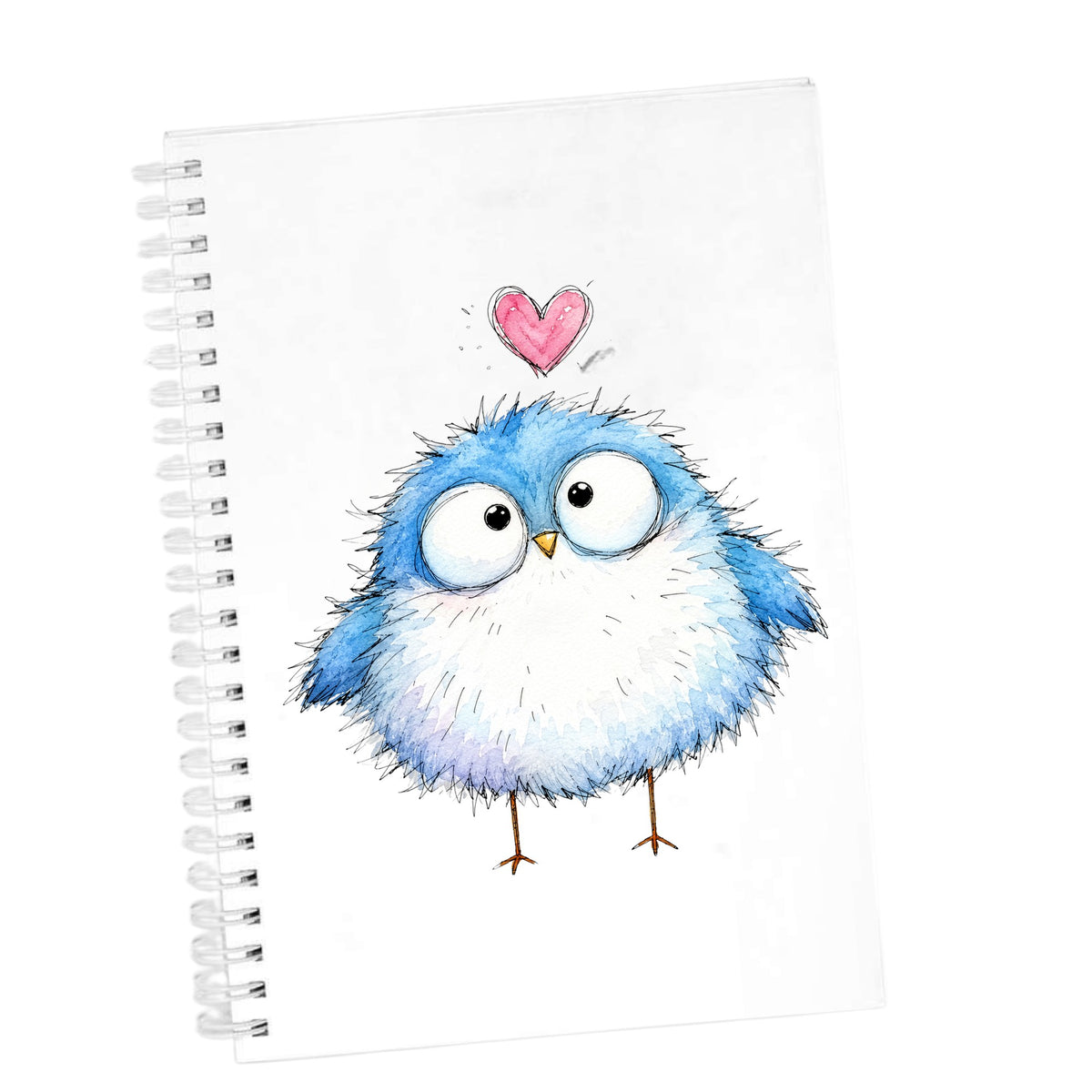 Fluffy Bluebird UV DTF sticker applied to the cover of a white spiral journal
