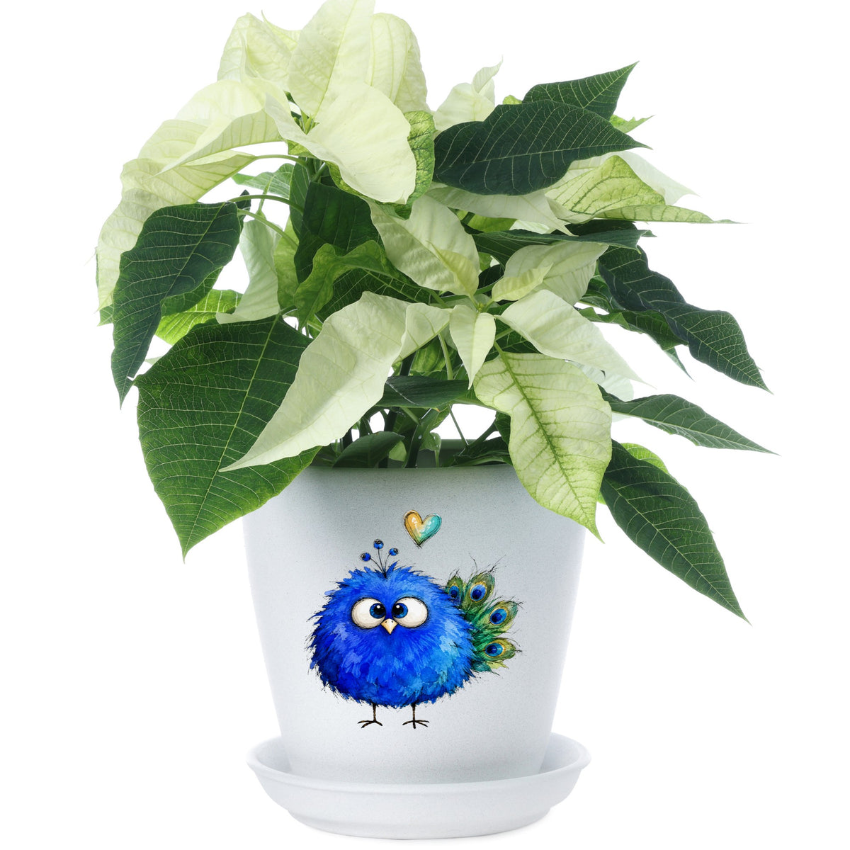 Blue Peacock Crest UV DTF sticker applied to a white flower pot
