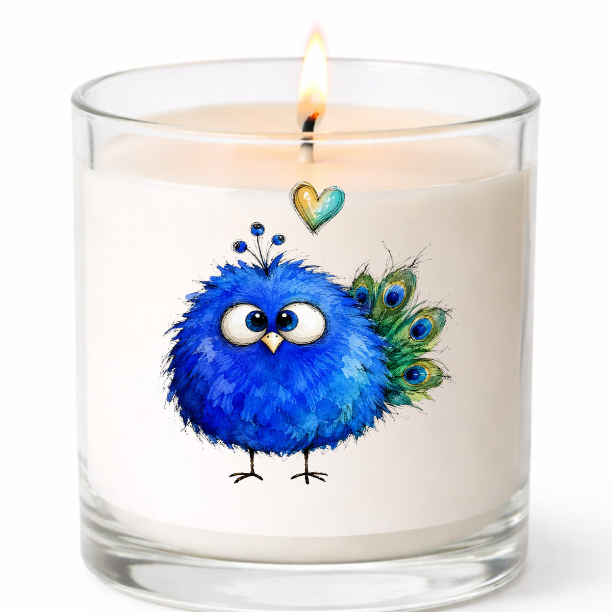Blue Peacock Crest UV DTF sticker applied to a white candle in a clear glass jar