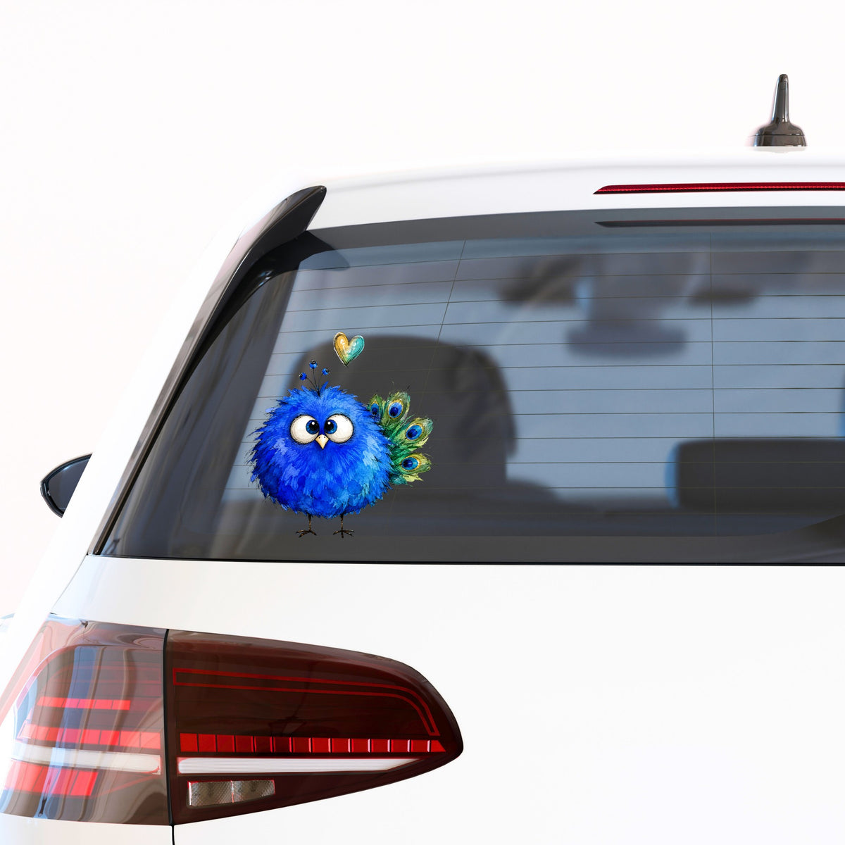 Blue Peacock Crest UV DTF sticker applied to the rear window of a white car