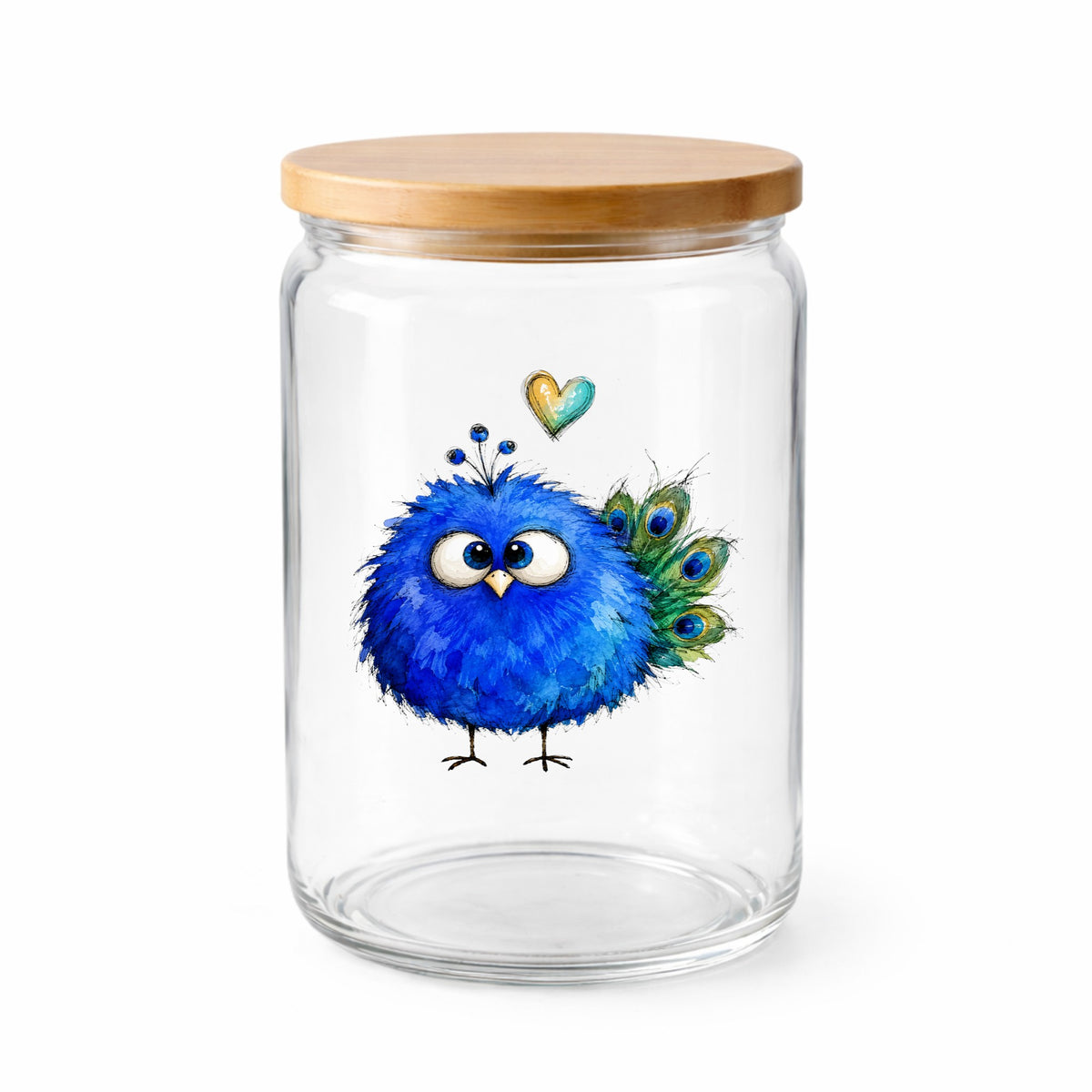 Blue Peacock Crest UV DTF sticker applied to a clear glass jar with a wooden lid
