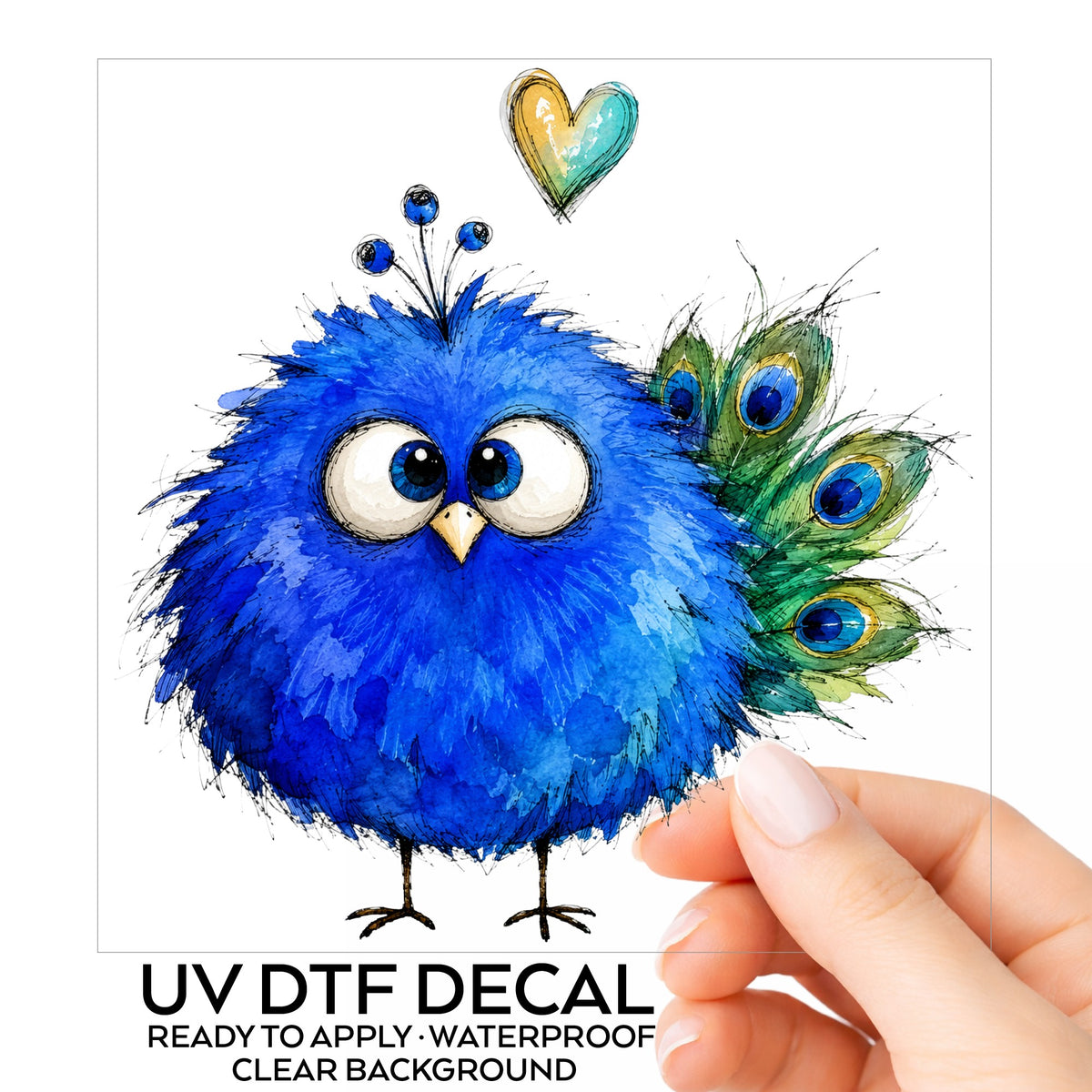 Blue Peacock Crest UV DTF sticker on its backing card, held in hand