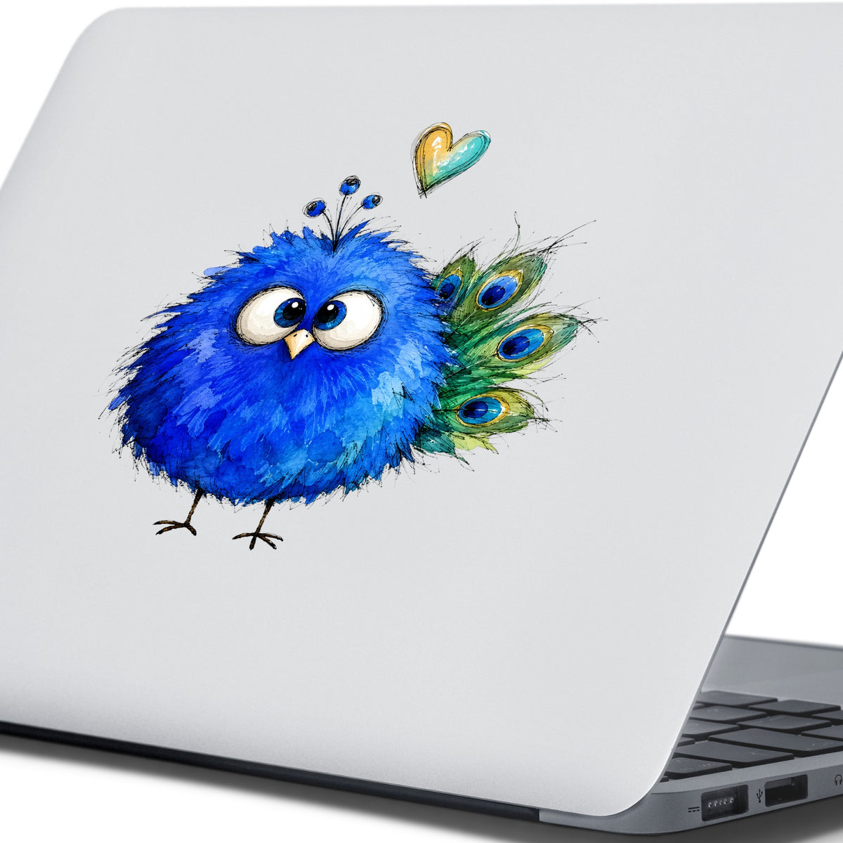 Blue Peacock Crest UV DTF sticker applied to the lid of a silver laptop