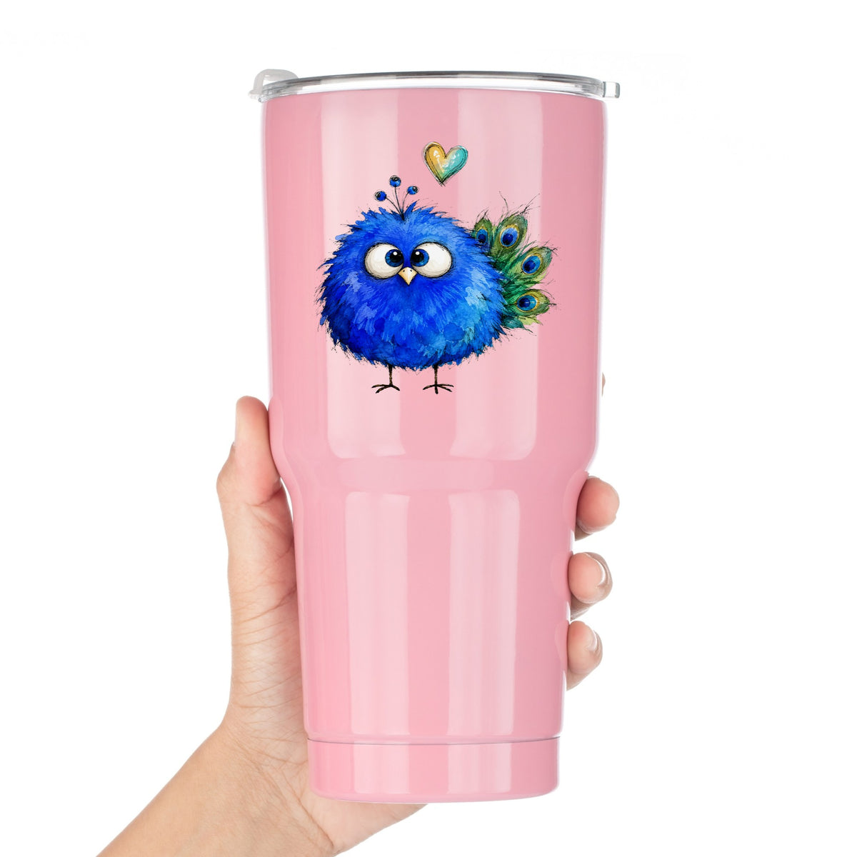 Blue Peacock Crest UV DTF sticker applied to a pink tumbler held against a white background
