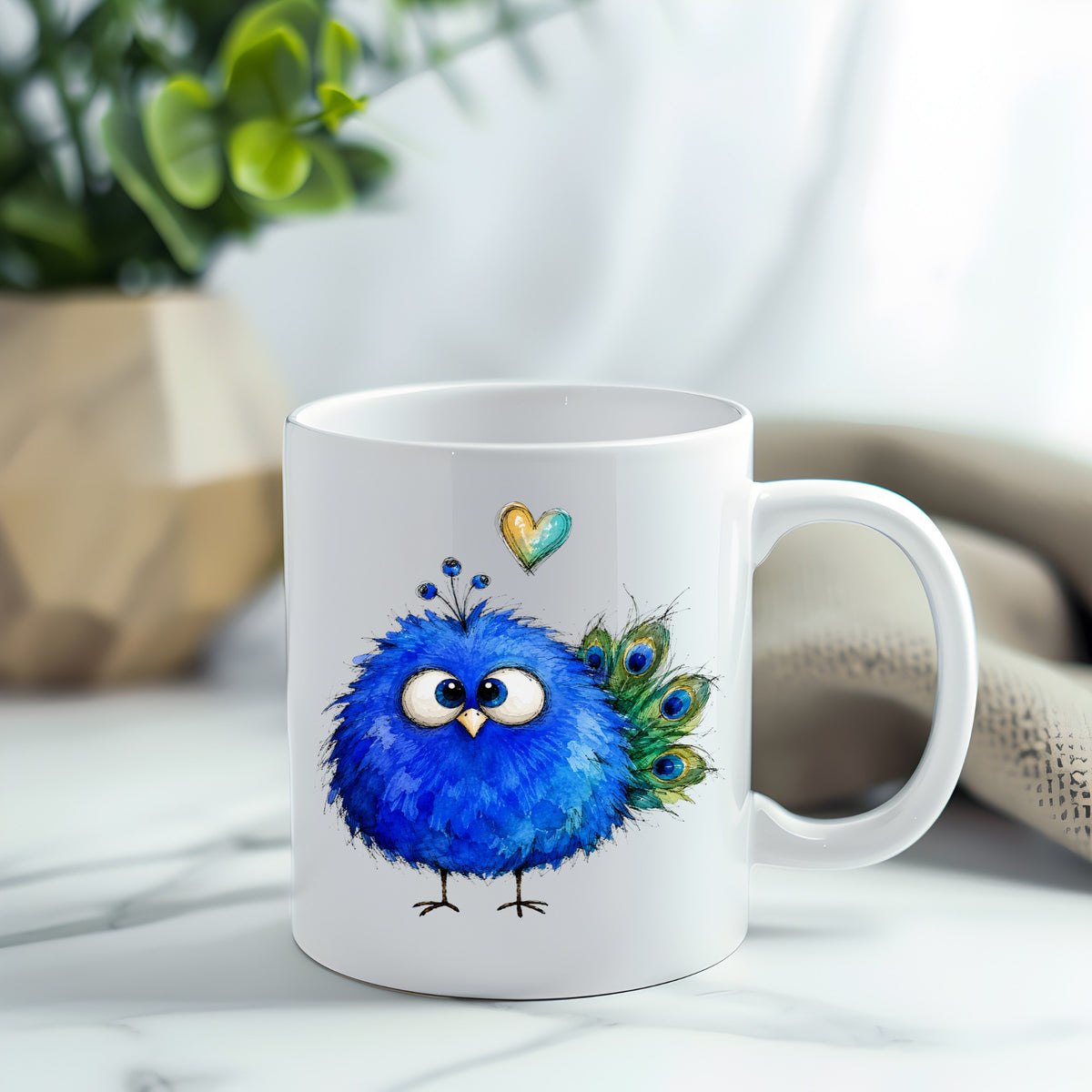 Blue Peacock Crest UV DTF sticker applied to a white coffee mug