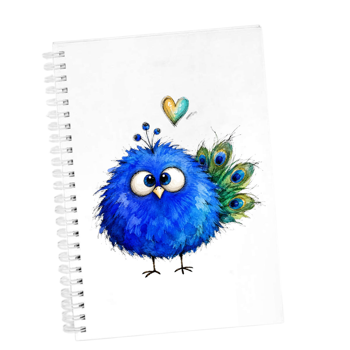 Blue Peacock Crest UV DTF sticker applied to the cover of a white spiral journal