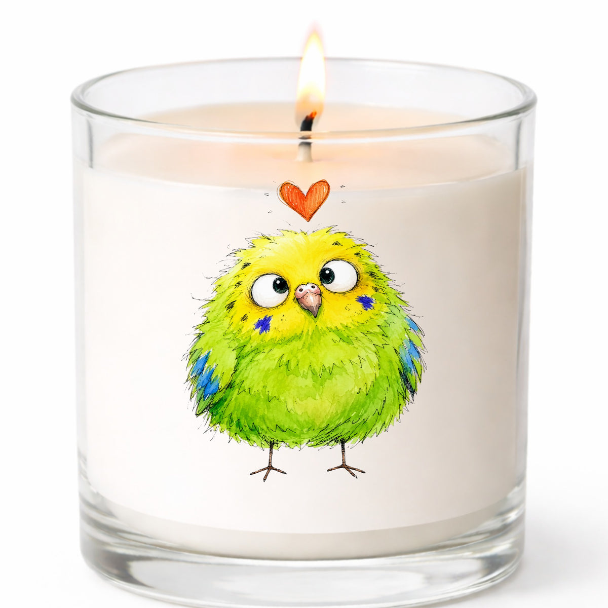 Funny Green Budgie UV DTF sticker applied to a white candle in a clear glass jar