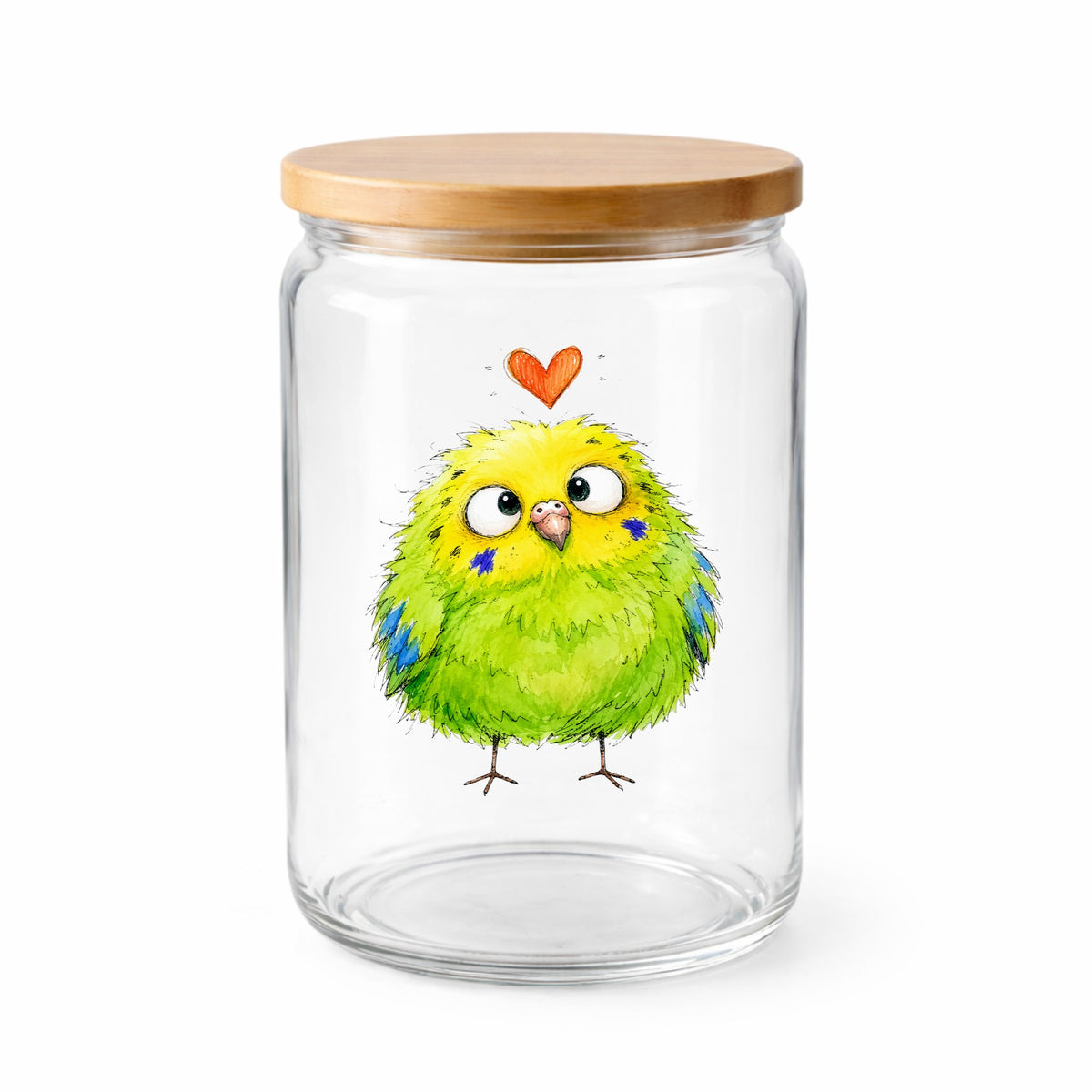 Funny Green Budgie UV DTF sticker applied to a clear glass jar with a wooden lid