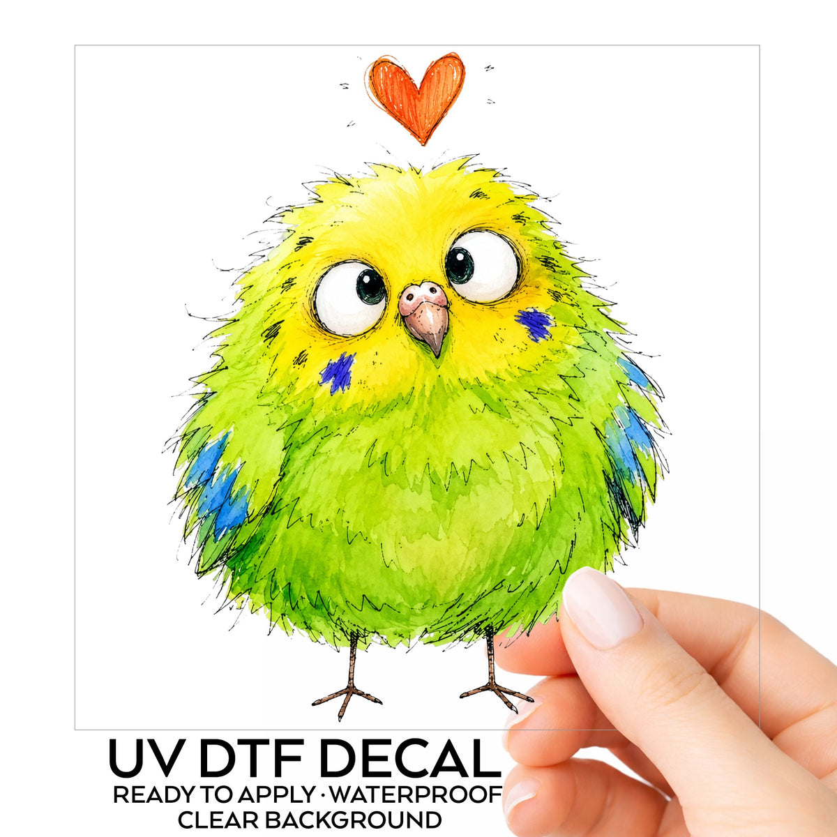 Funny Green Budgie UV DTF sticker on its backing card, held in hand