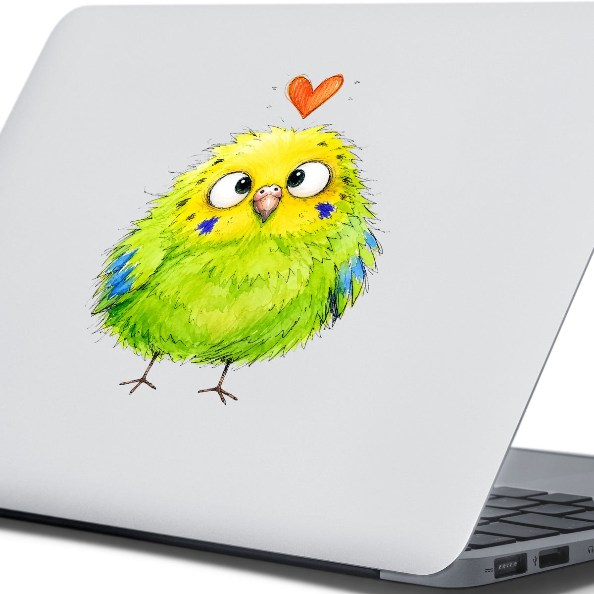 Funny Green Budgie UV DTF sticker applied to the lid of a silver laptop