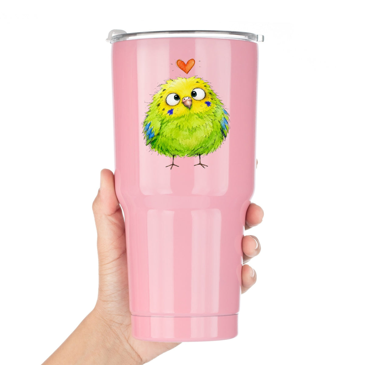 Funny Green Budgie UV DTF sticker applied to a pink tumbler held against a white background