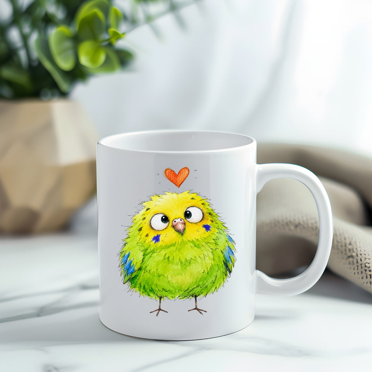 Funny Green Budgie UV DTF sticker applied to a white coffee mug
