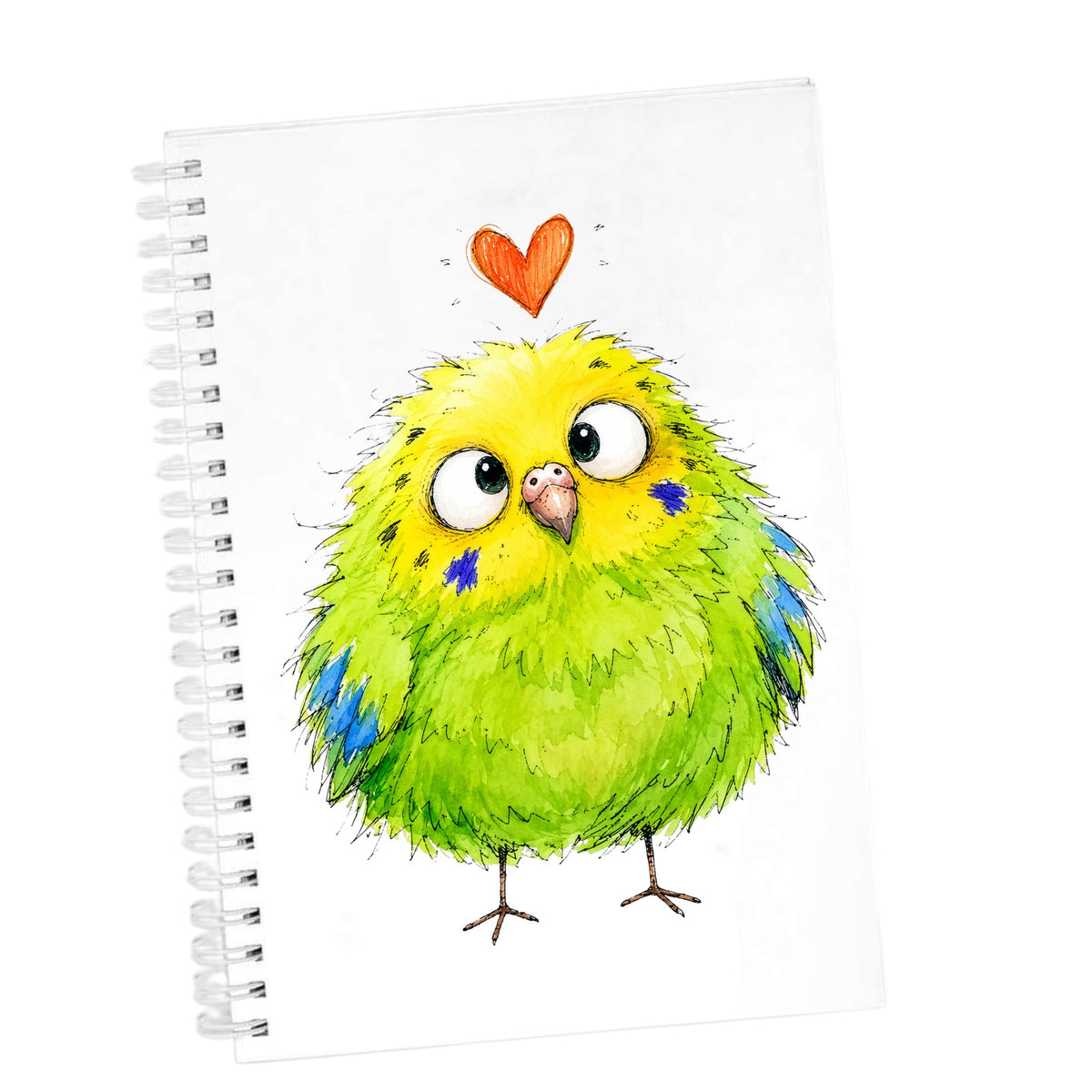 Funny Green Budgie UV DTF sticker applied to the cover of a white spiral journal