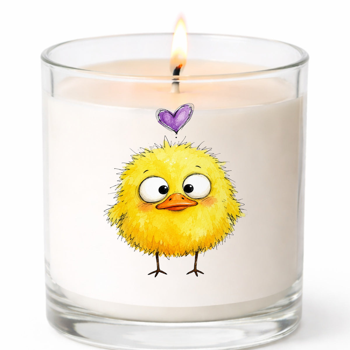 Funny Yellow Baby Duck UV DTF sticker applied to a white candle in a clear glass jar
