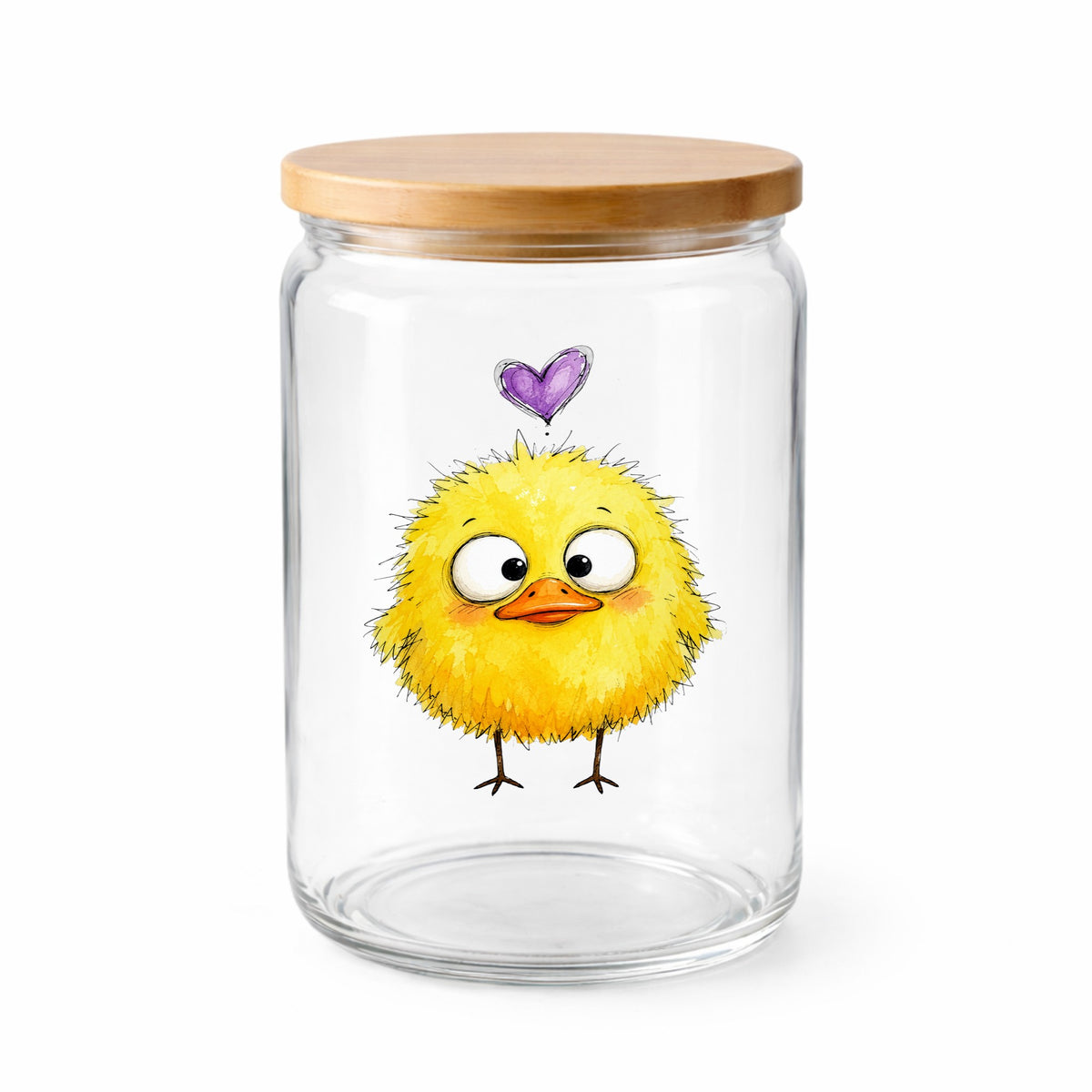 Funny Yellow Baby Duck UV DTF sticker applied to a clear glass jar with a wooden lid