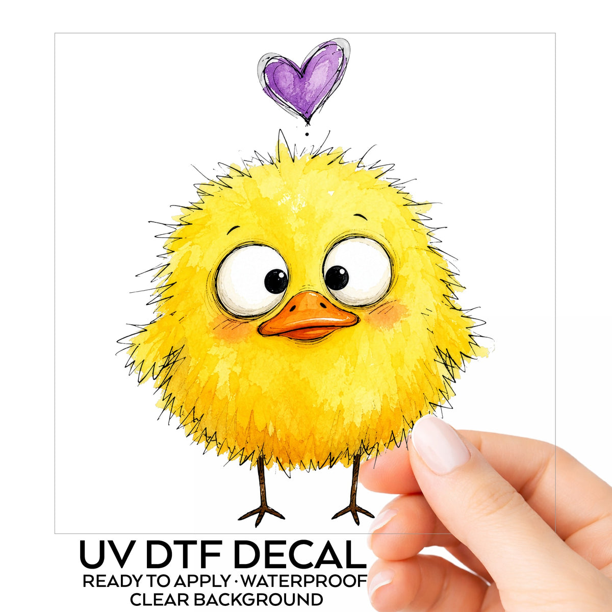 Funny Yellow Baby Duck UV DTF sticker on its backing card, held in hand
