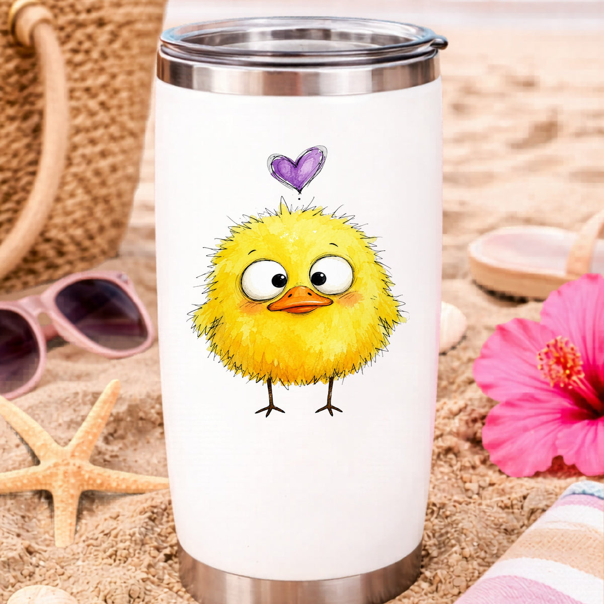 Funny Yellow Baby Duck UV DTF sticker applied to a white travel tumbler on beach sand