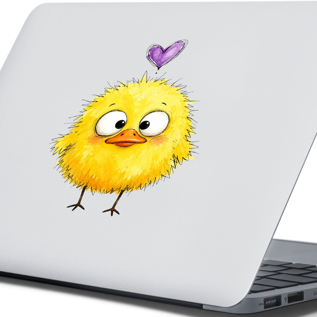 Funny Yellow Baby Duck UV DTF sticker applied to the lid of a silver laptop