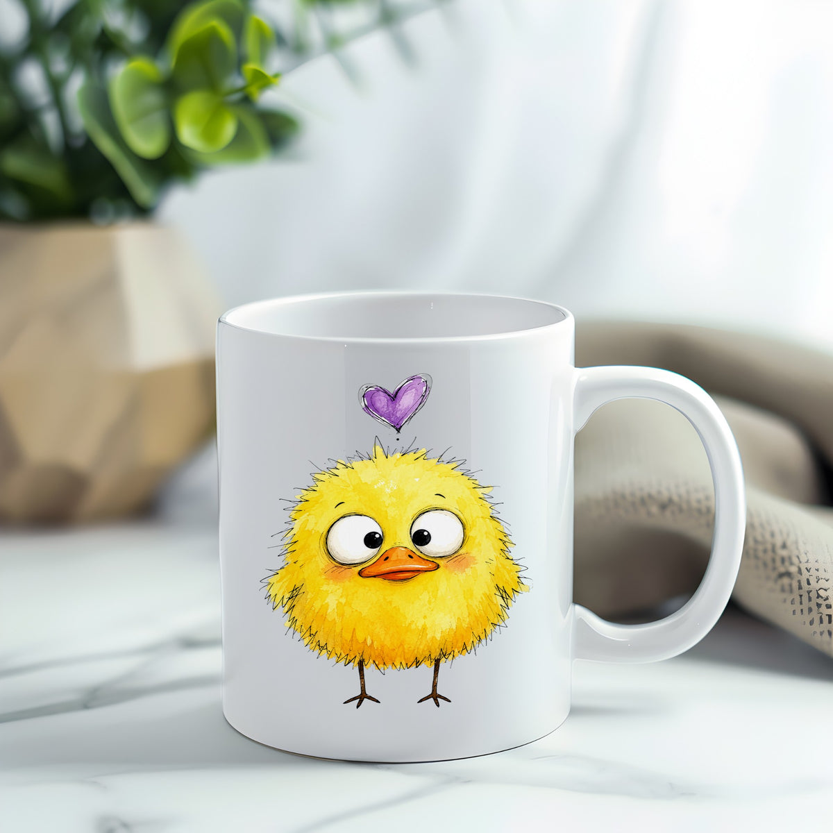 Funny Yellow Baby Duck UV DTF sticker applied to a white coffee mug
