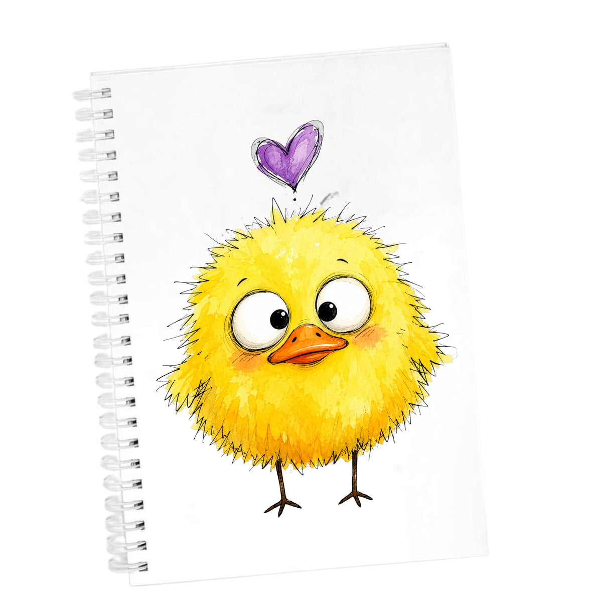 Funny Yellow Baby Duck UV DTF sticker applied to the cover of a white spiral journal