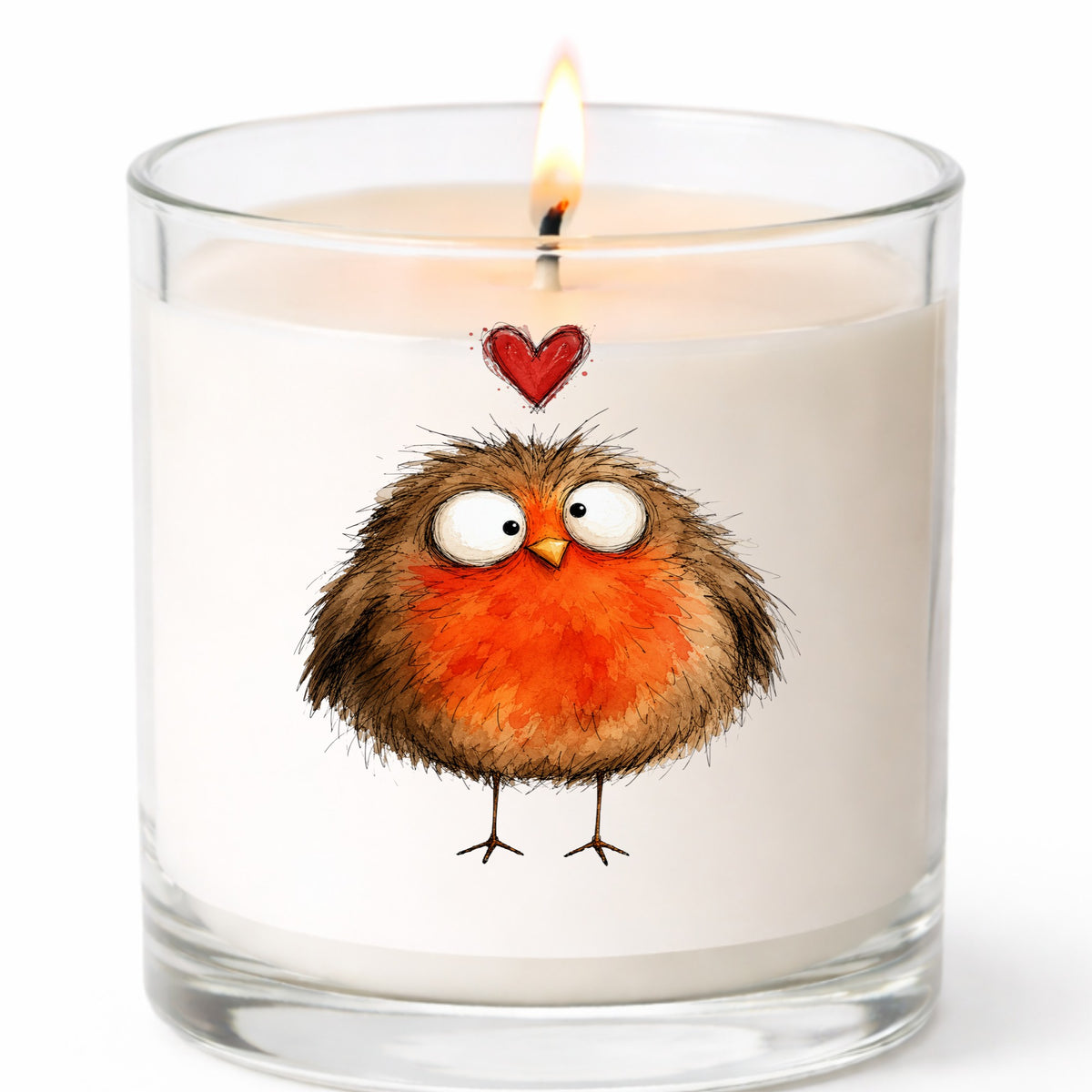 Round Robin Bird UV DTF sticker applied to a white candle in a clear glass jar