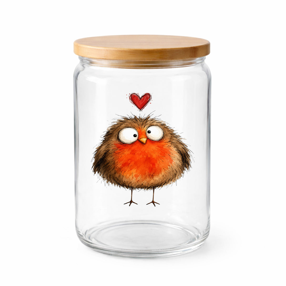 Round Robin Bird UV DTF sticker applied to a clear glass jar with a wooden lid