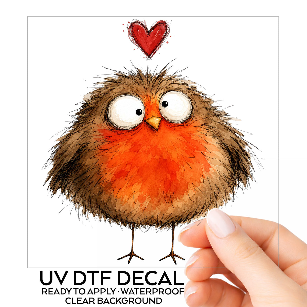 Round Robin Bird UV DTF sticker on its backing card, held in hand