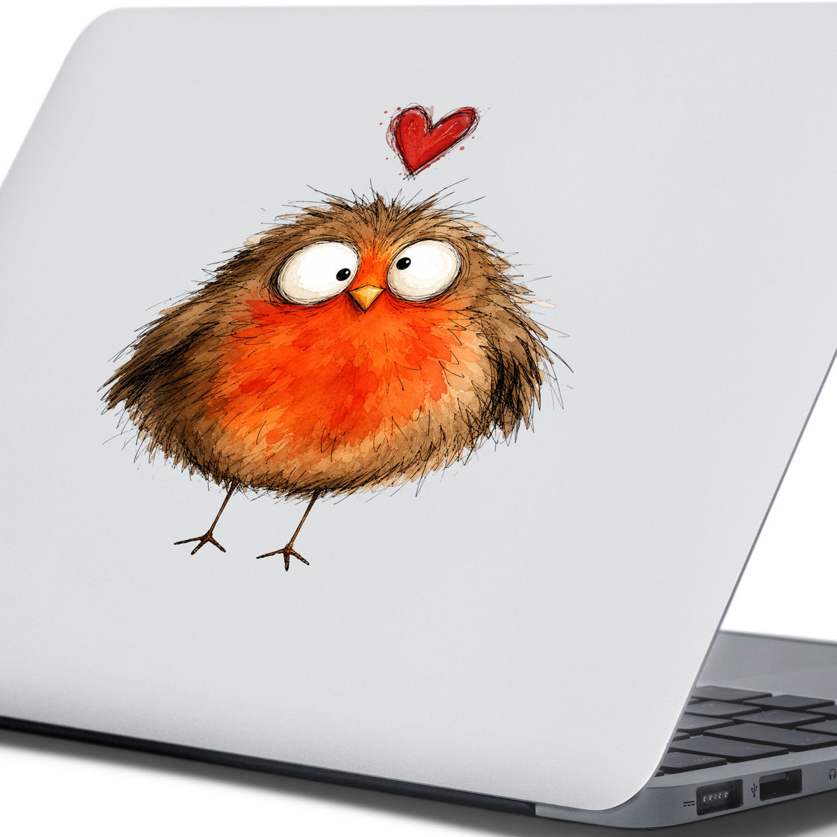 Round Robin Bird UV DTF sticker applied to the lid of a silver laptop