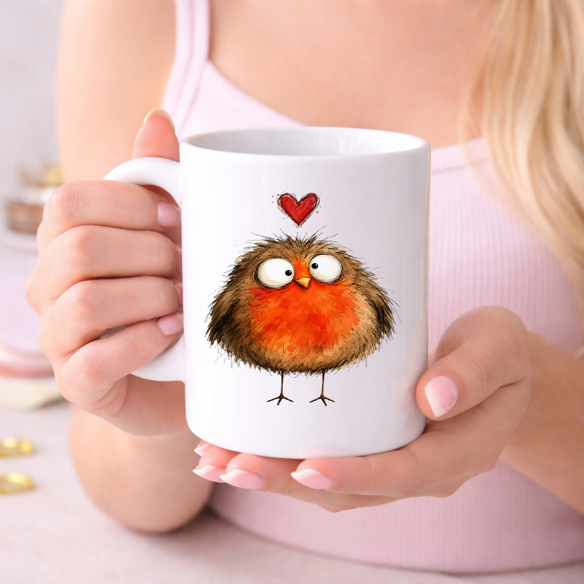 Round Robin Bird UV DTF sticker applied to a white coffee mug held in both hands